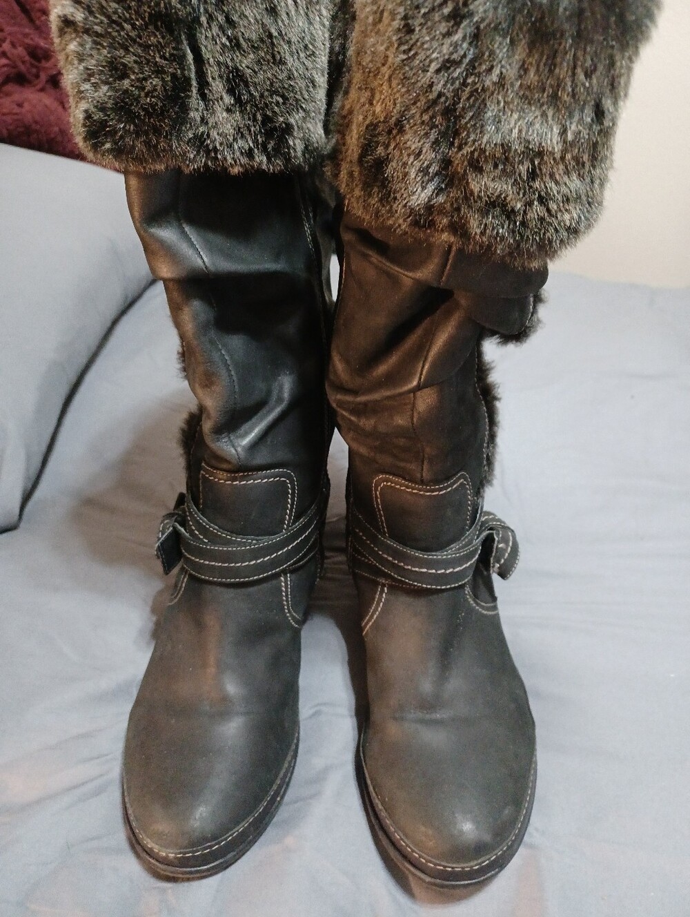 Clatks Wedge Women’s Black  Leather Knee High Boots with Fur Trim